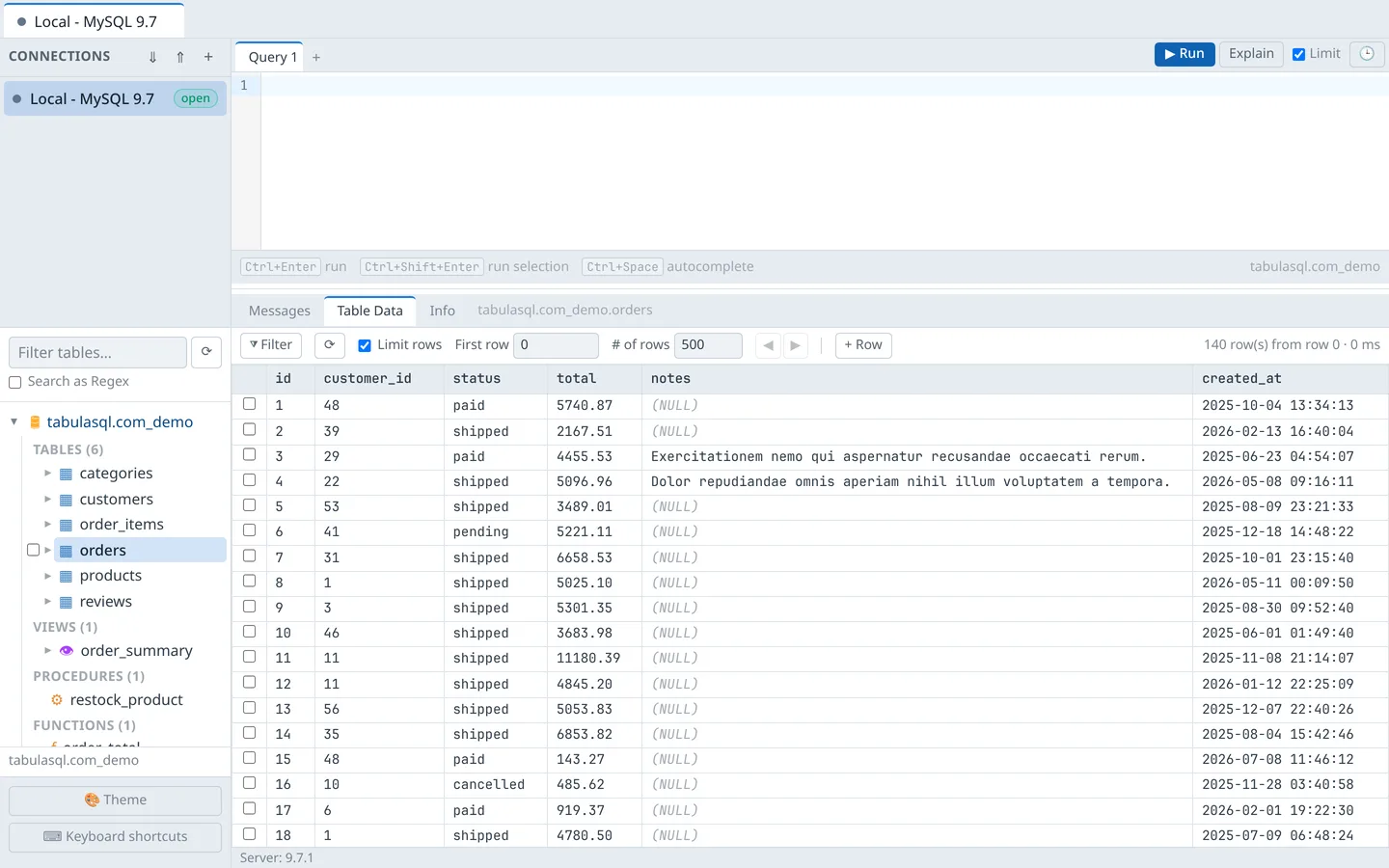Object explorer showing tables, views, procedures, and functions for tabulasql.com_demo