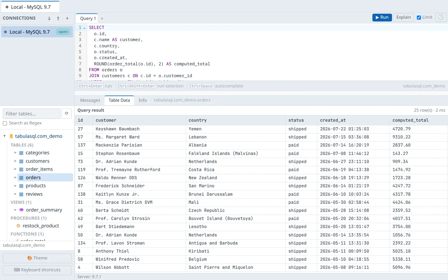 JOIN query using a stored function order_total with 25 result rows in the data grid