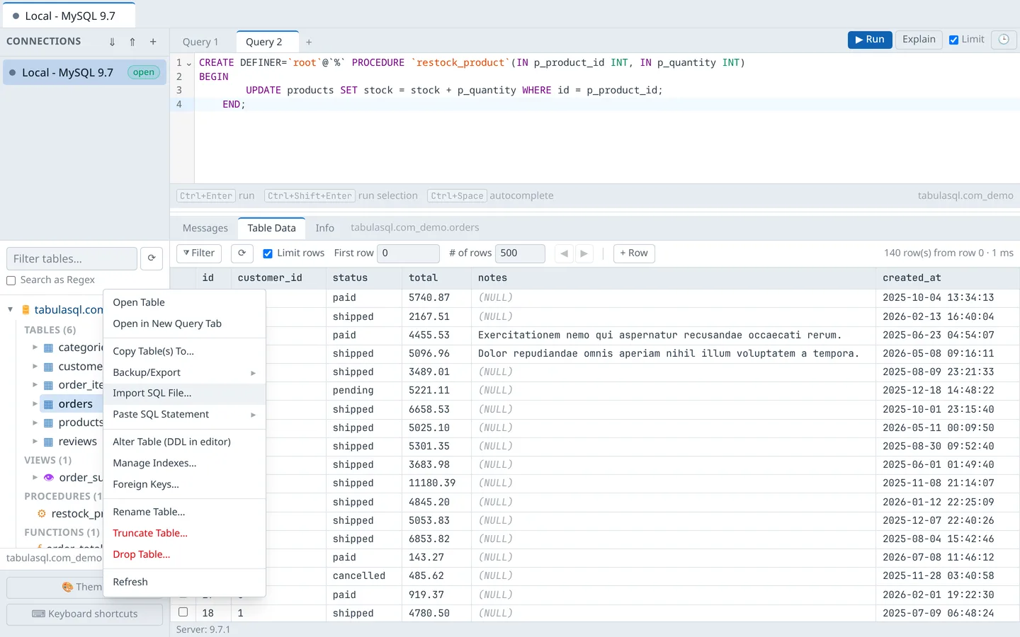 Table context menu open on the orders table in the object explorer