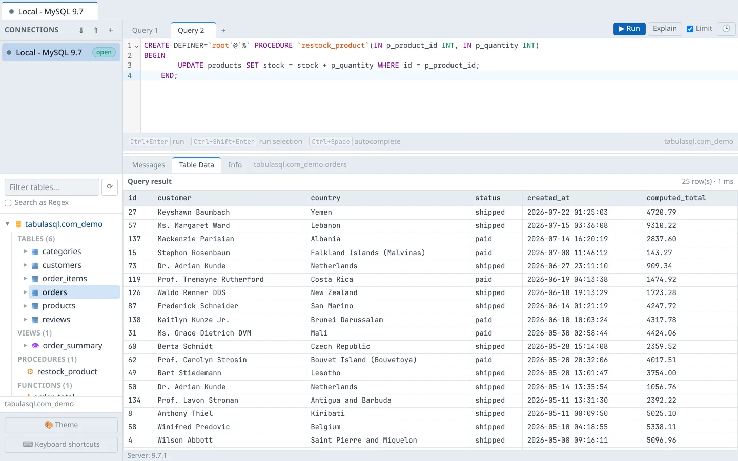 Polished query results view with customer names, countries, statuses, and computed totals