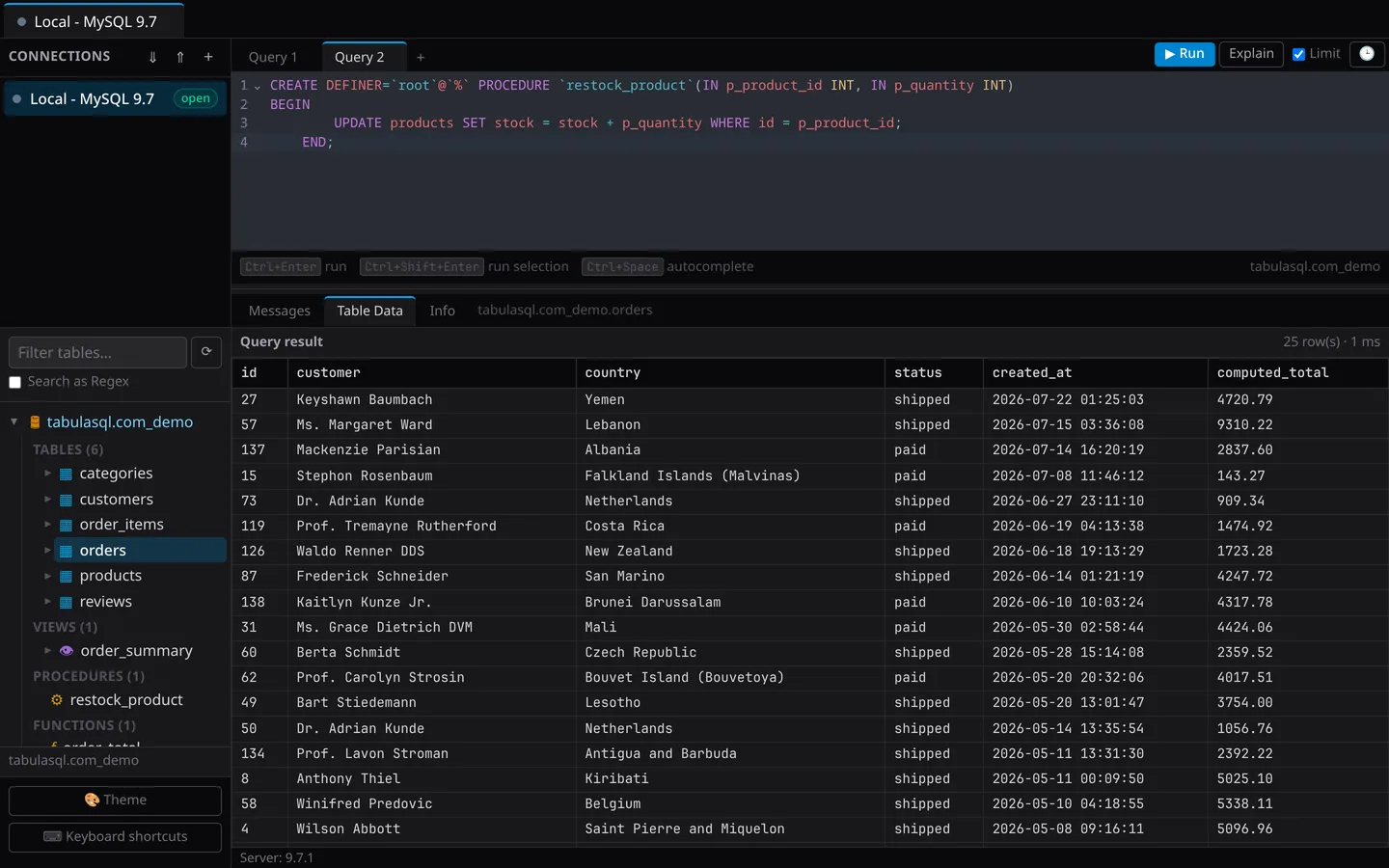 TabulaSQL running in dark theme with query results visible