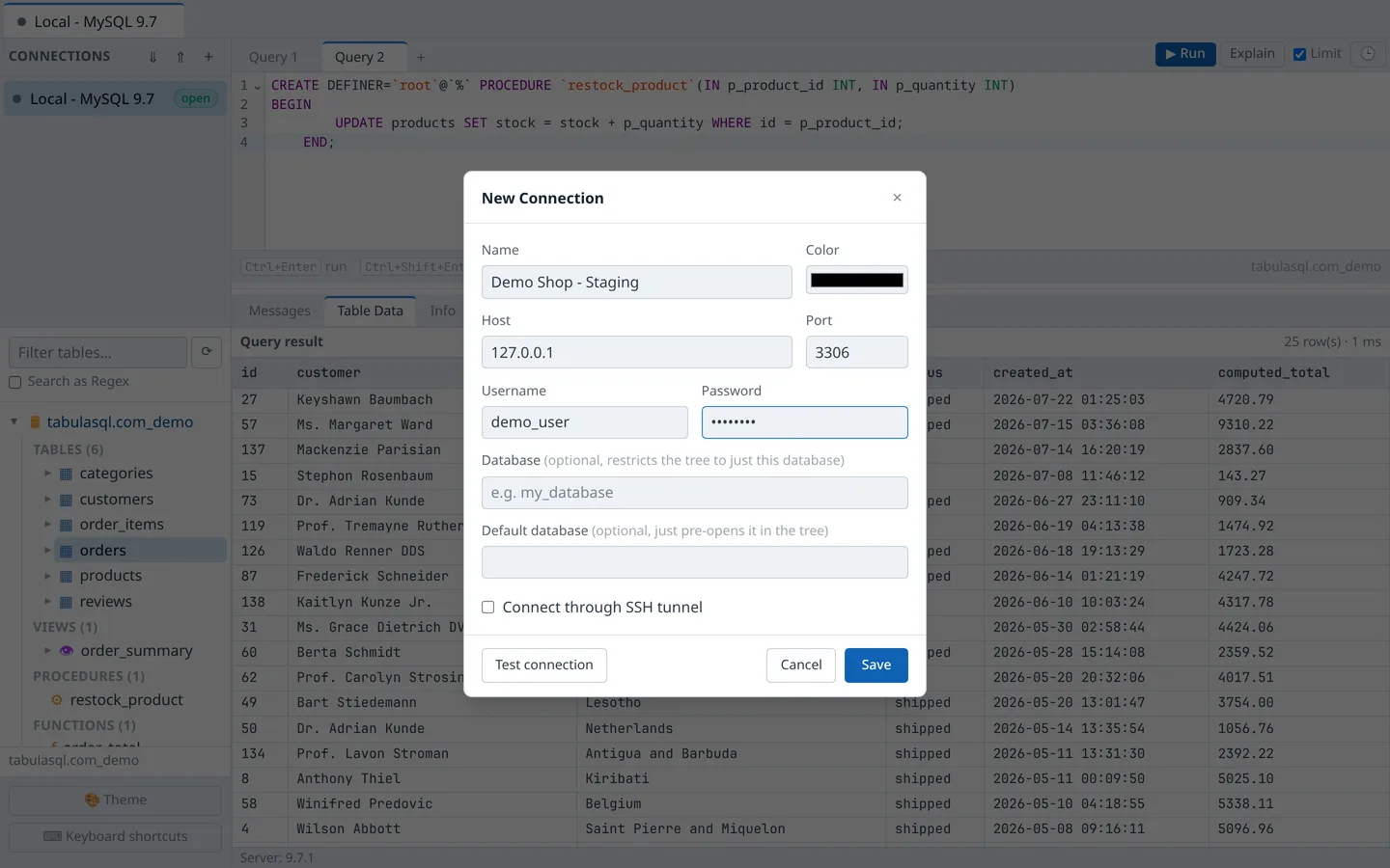 New Connection dialog with host, port, username, password, and optional SSH tunnel