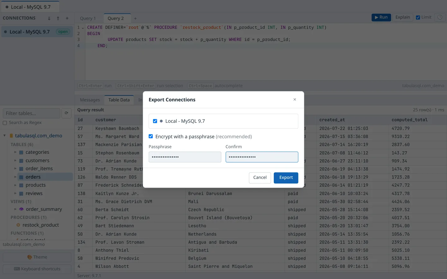Export Connections dialog with encrypt passphrase option