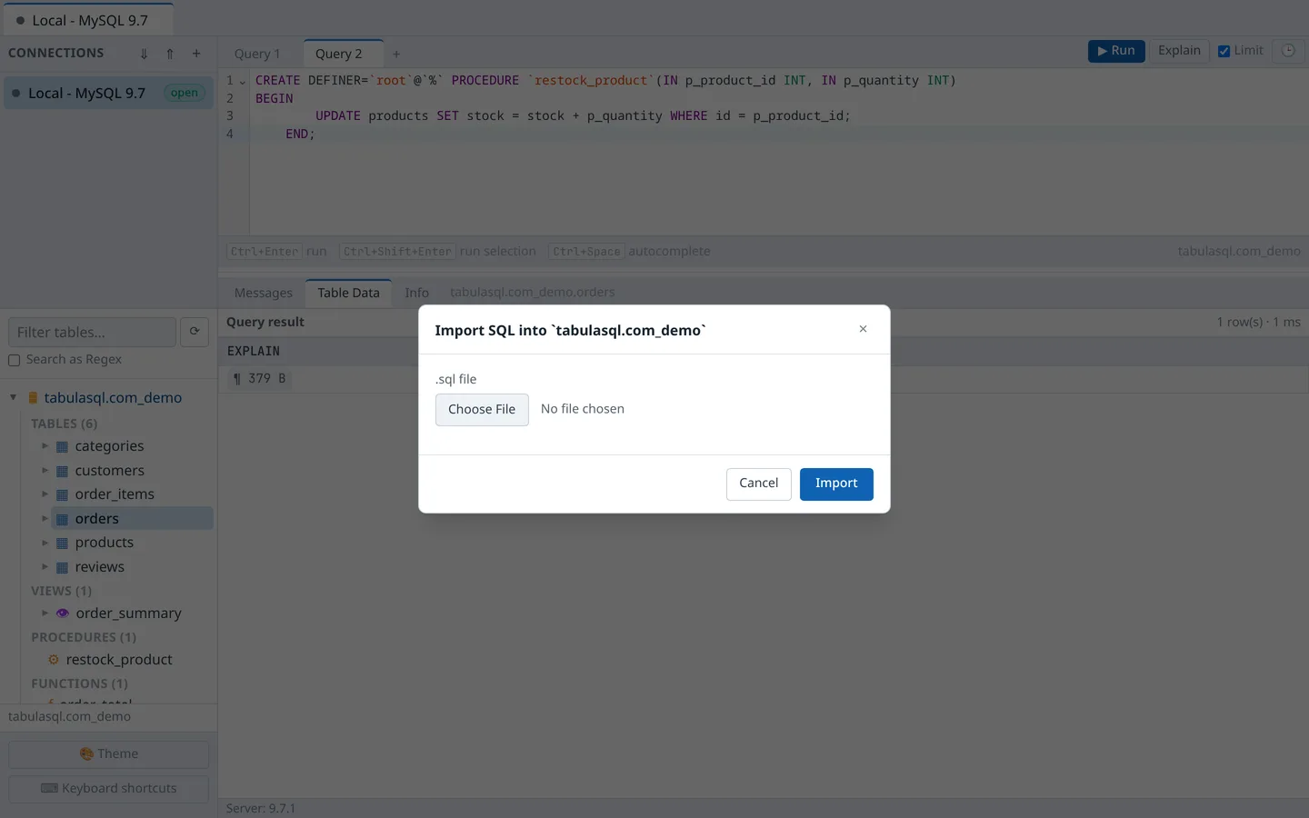 Import SQL file dialog for the active database