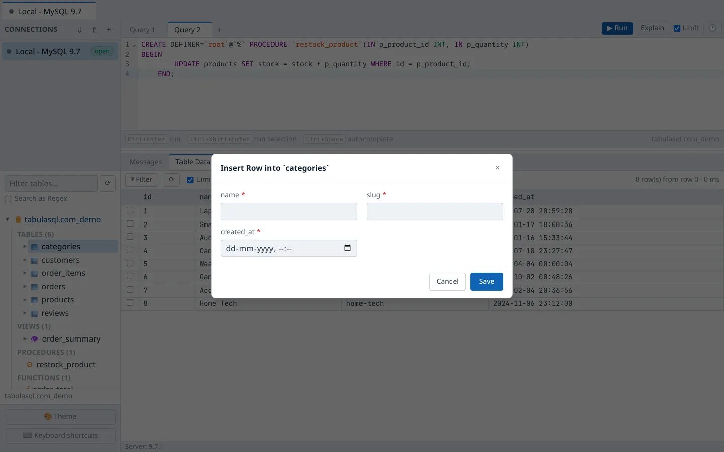Insert Row dialog with fields for a new categories record