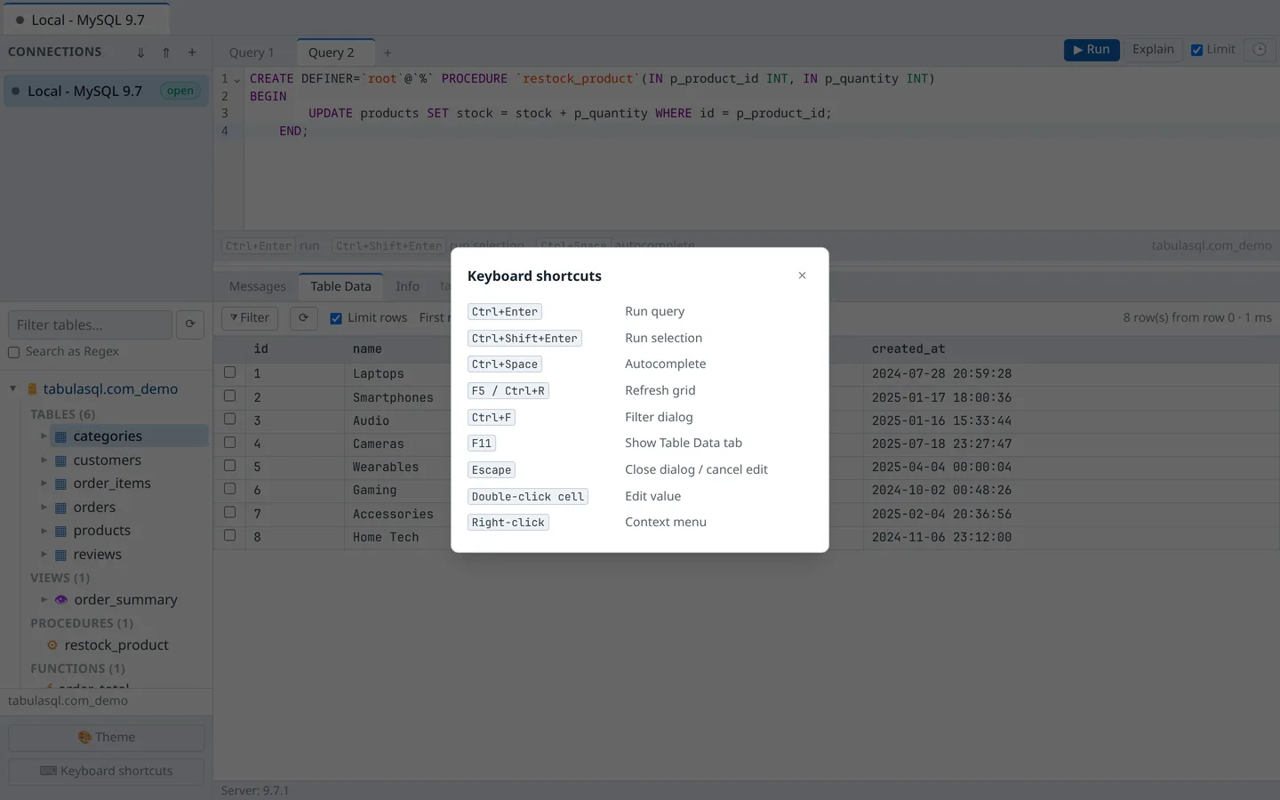 Keyboard shortcuts overlay listing Ctrl+Enter, Ctrl+F, F5, and more