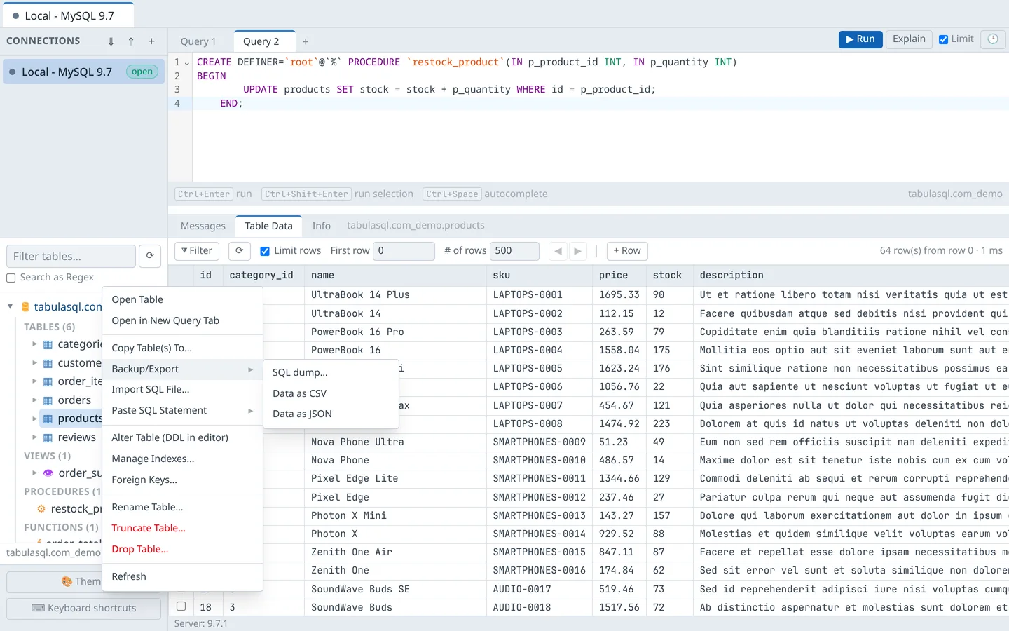 Table context menu with Backup/Export submenu showing SQL dump, CSV, and JSON